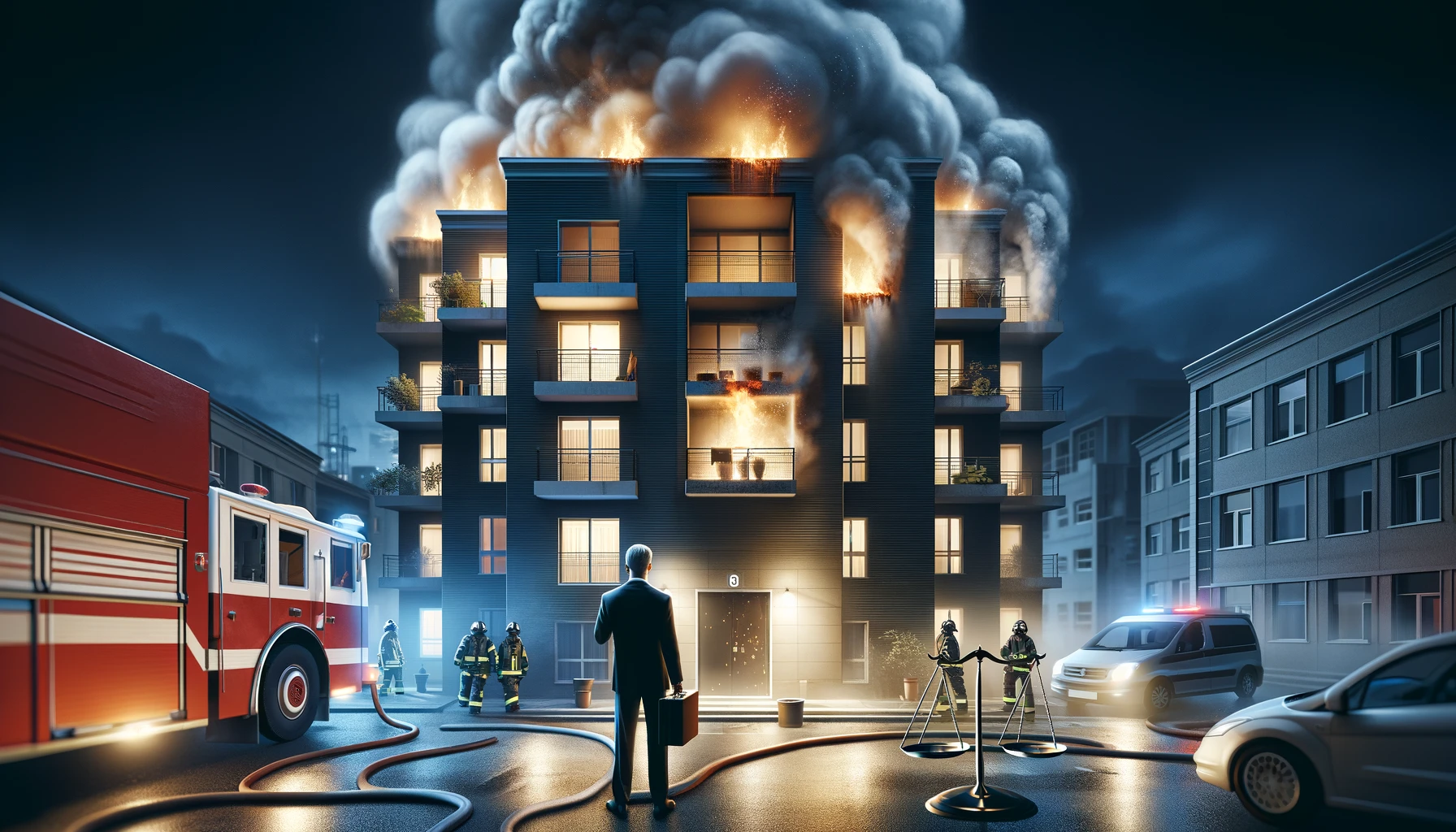 DALL·E 2025-04-22 08.47.22 - A dramatic, realistic digital illustration of a residential apartment complex on fire at night, with firefighters in action and smoke billowing into t lead poisoning lawyer