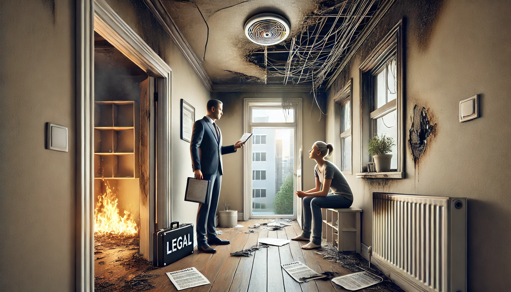 DALL·E 2025-04-22 08.49.48 - A realistic digital illustration showing the aftermath of a residential apartment fire during the day. The image focuses on a charred apartment hallwa lead poisoning lawyer