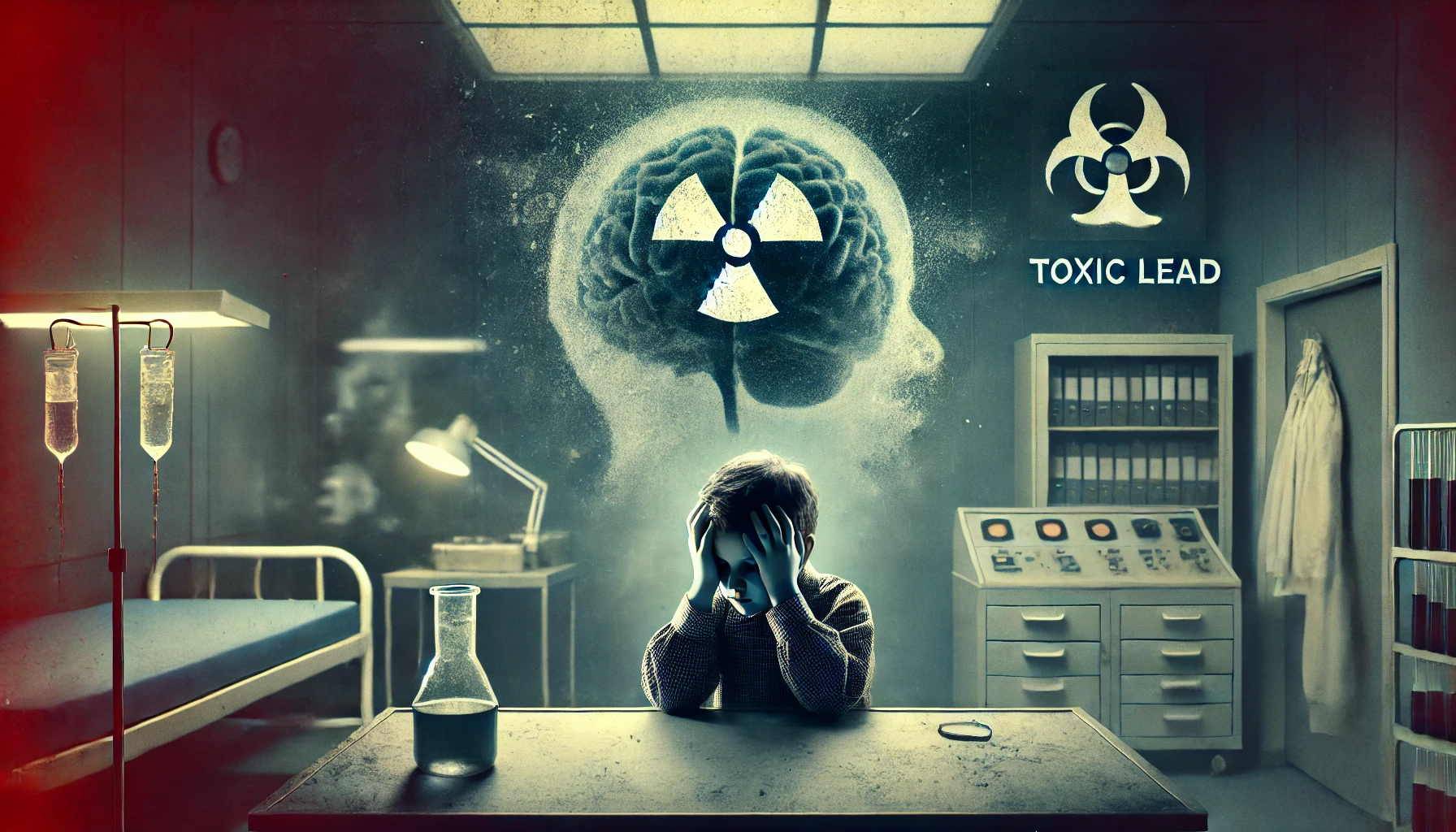 DALL·E 2025-04-22 14.50.43 - A hyper-realistic image of a distressed child holding their head in pain. The background is faded and ominous, depicting a toxic lead symbol and a tra Lead poising attorney