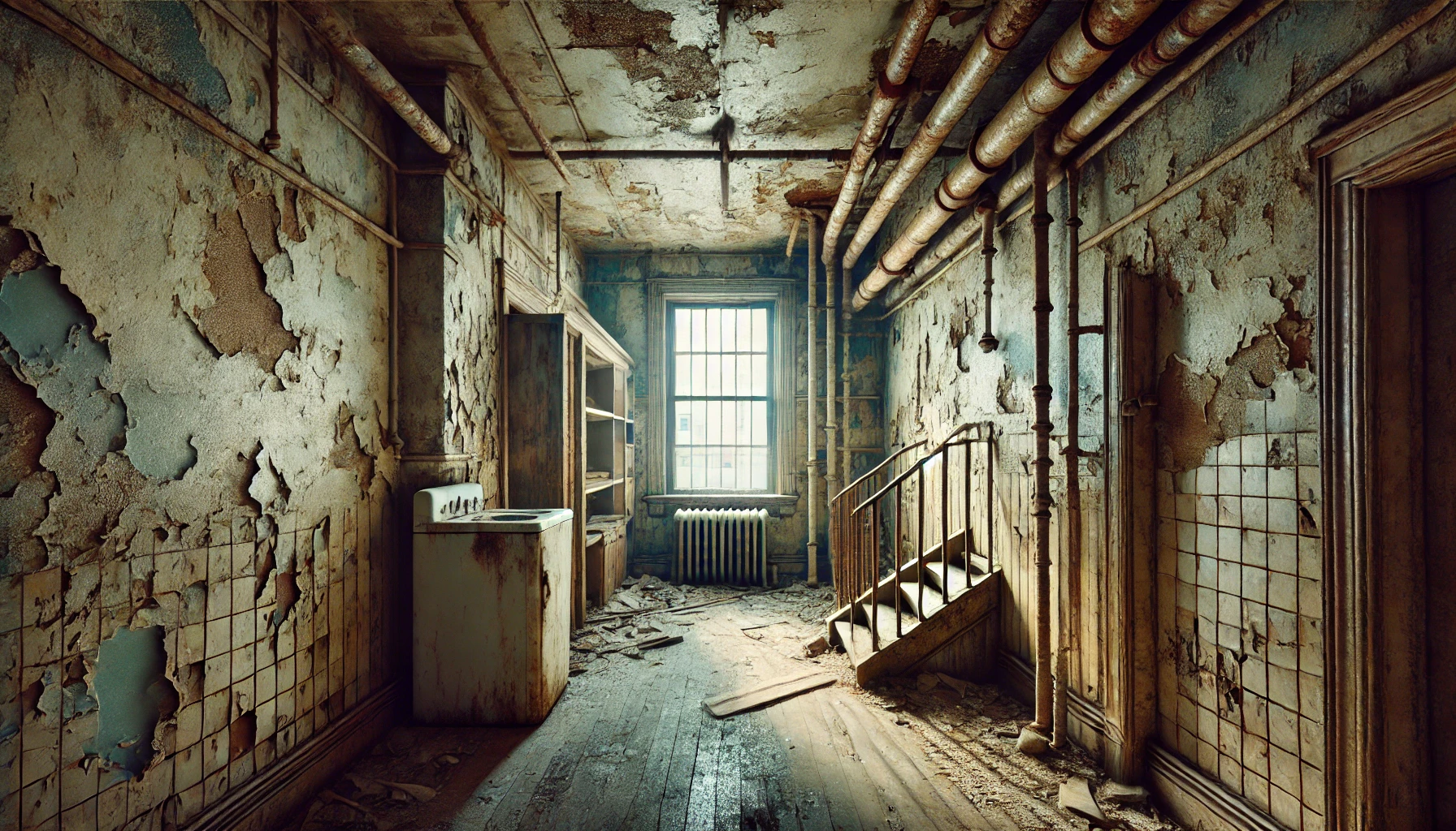 DALL·E 2025-04-22 15.25.58 - A gritty, educational image in wide aspect ratio showing the inside of a rundown pre-1978 Los Angeles apartment. The interior features peeling lead-ba Lead poising attorney