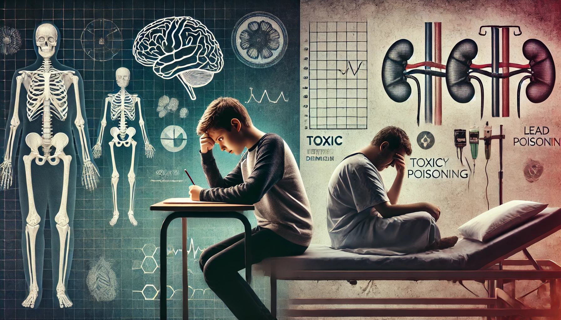 DALL·E 2025-04-22 15.27.25 - A split-image in wide aspect ratio. On the left side, a child is shown struggling with a test at school, symbolizing cognitive impairments—looking fru Lead poising attorney