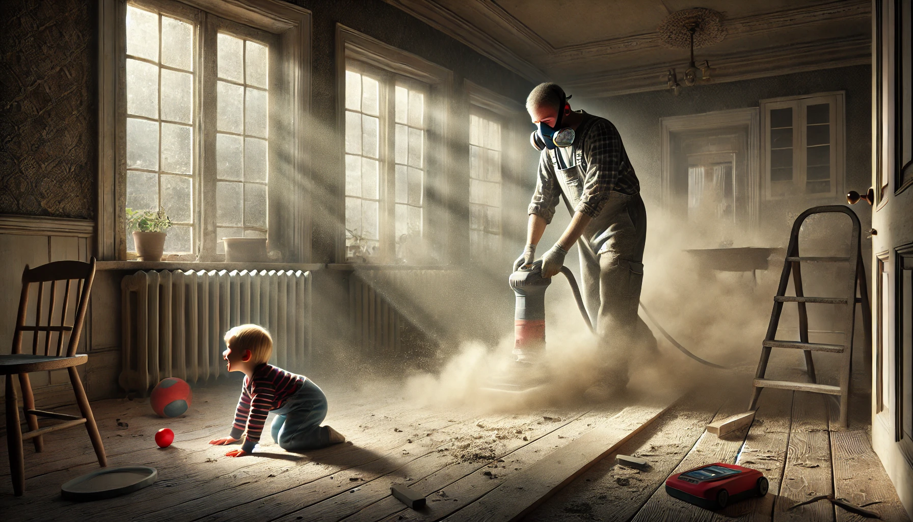 DALL·E 2025-04-22 15.39.29 - A photorealistic image in wide aspect ratio showing a negligent contractor sanding lead-based paint indoors without any protective equipment. Fine dus Lead poising attorney