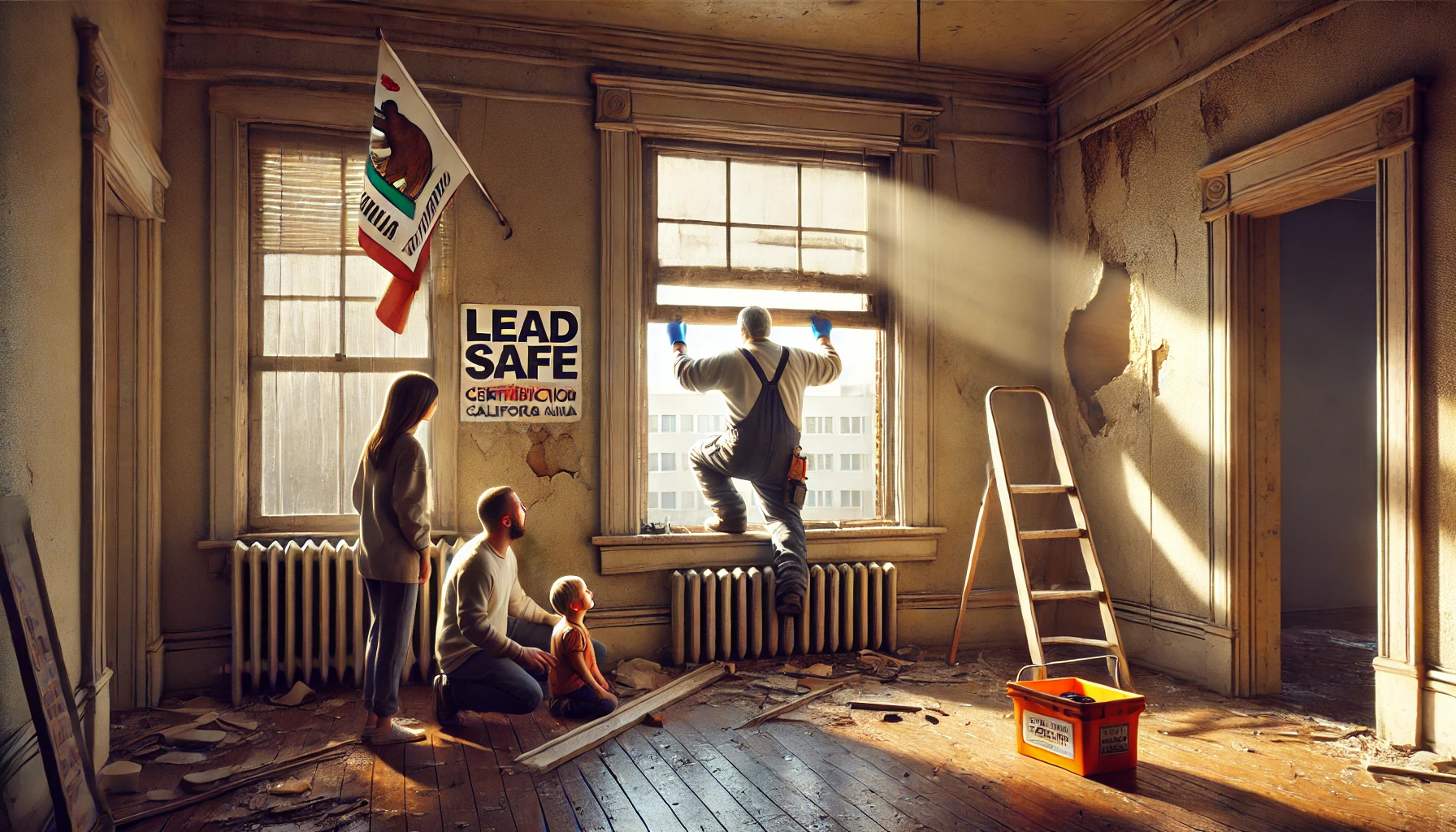 DALL·E 2025-04-22 15.40.57 - A photorealistic image in wide aspect ratio showing a landlord repairing a window frame inside an old apartment. The window frame shows signs of previ Lead poising attorney
