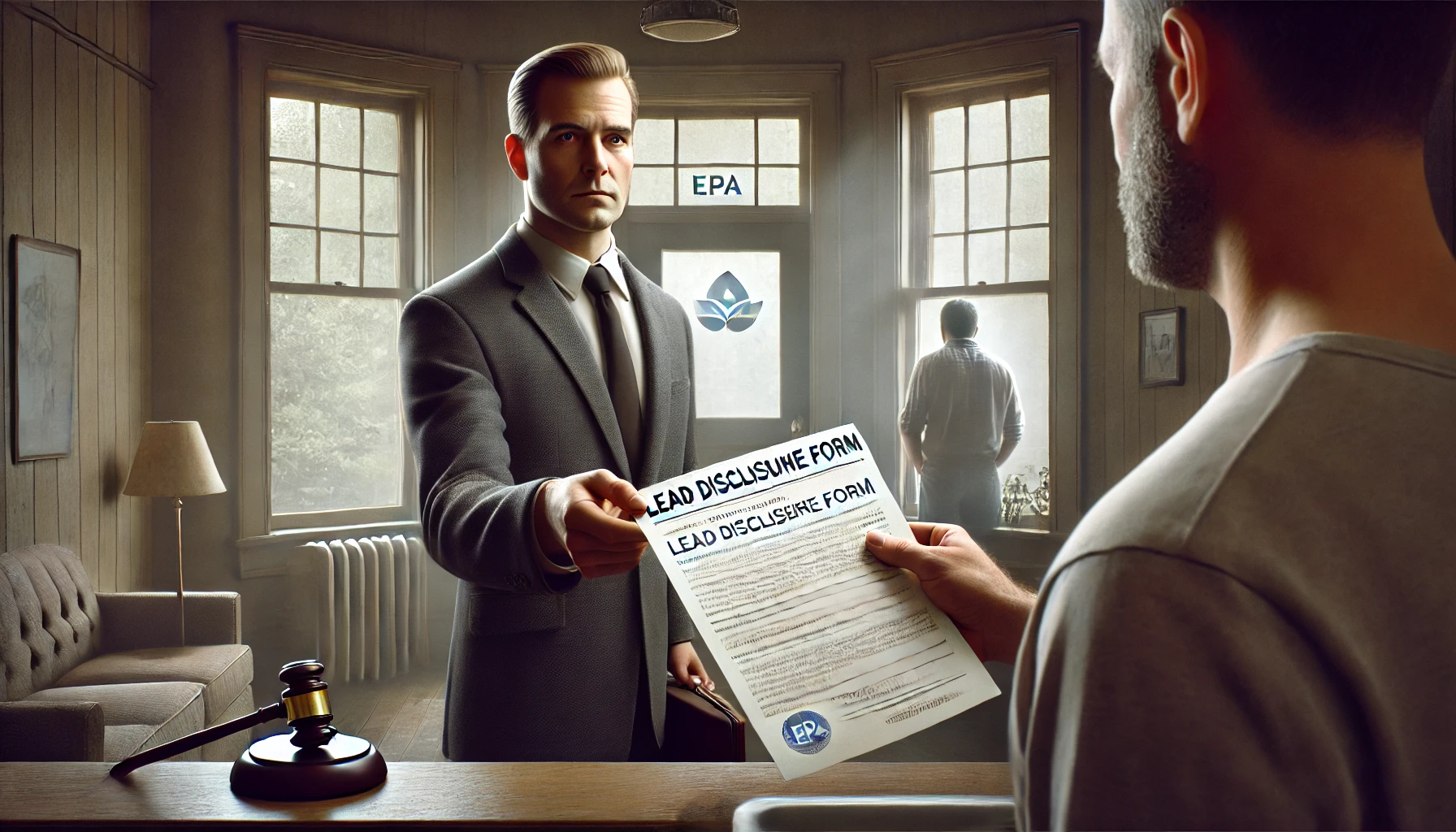 DALL·E 2025-04-22 15.50.15 - A photorealistic image in wide aspect ratio showing a stern landlord handing a lead disclosure form to a tenant inside an older apartment. The landlor Lead poising attorney