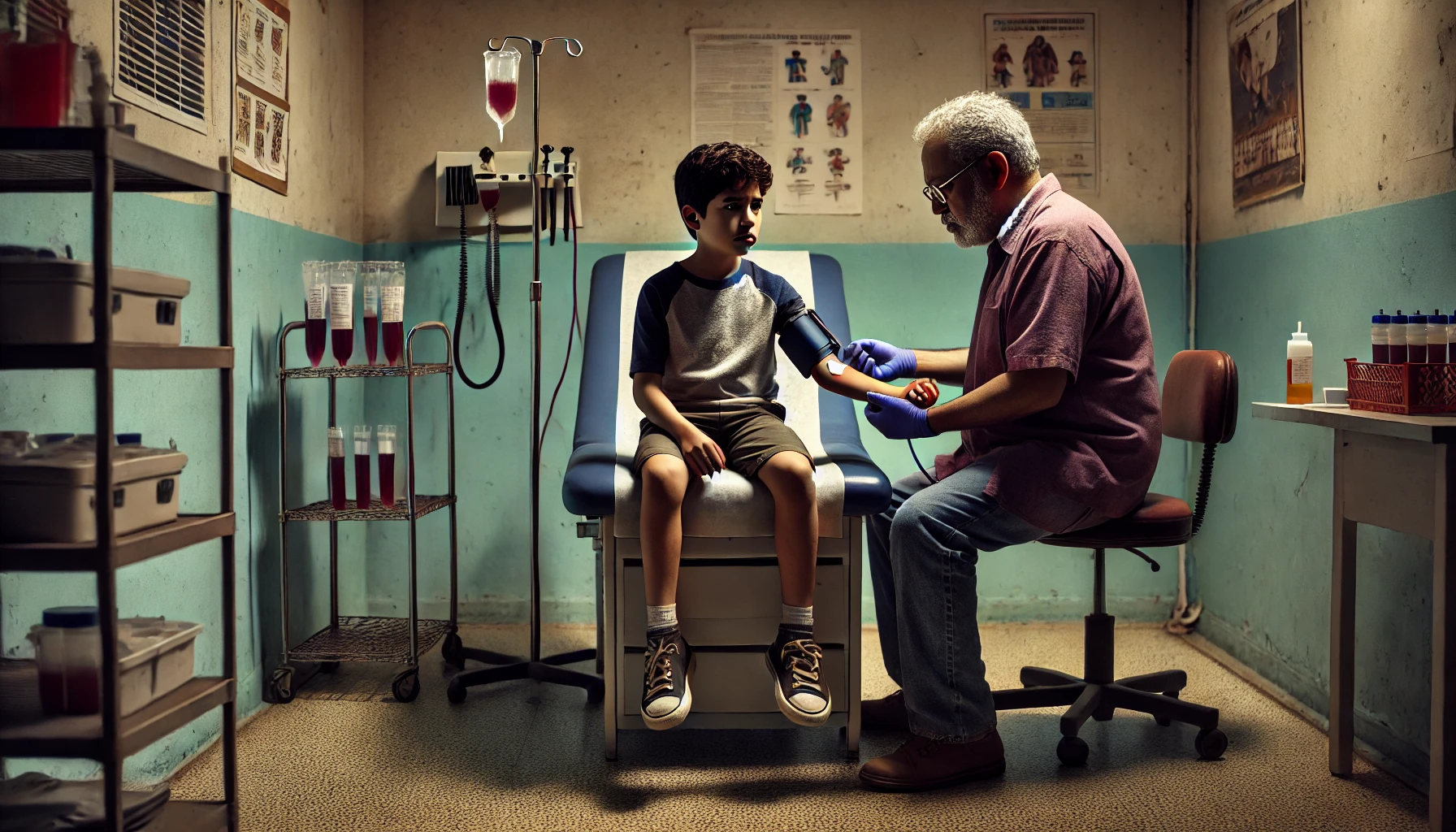 DALL·E 2025-04-22 17.32.56 - A photorealistic image in wide aspect ratio showing a Hispanic boy receiving a blood test in a medical clinic, with his parent holding his hand for su Lead poising attorney