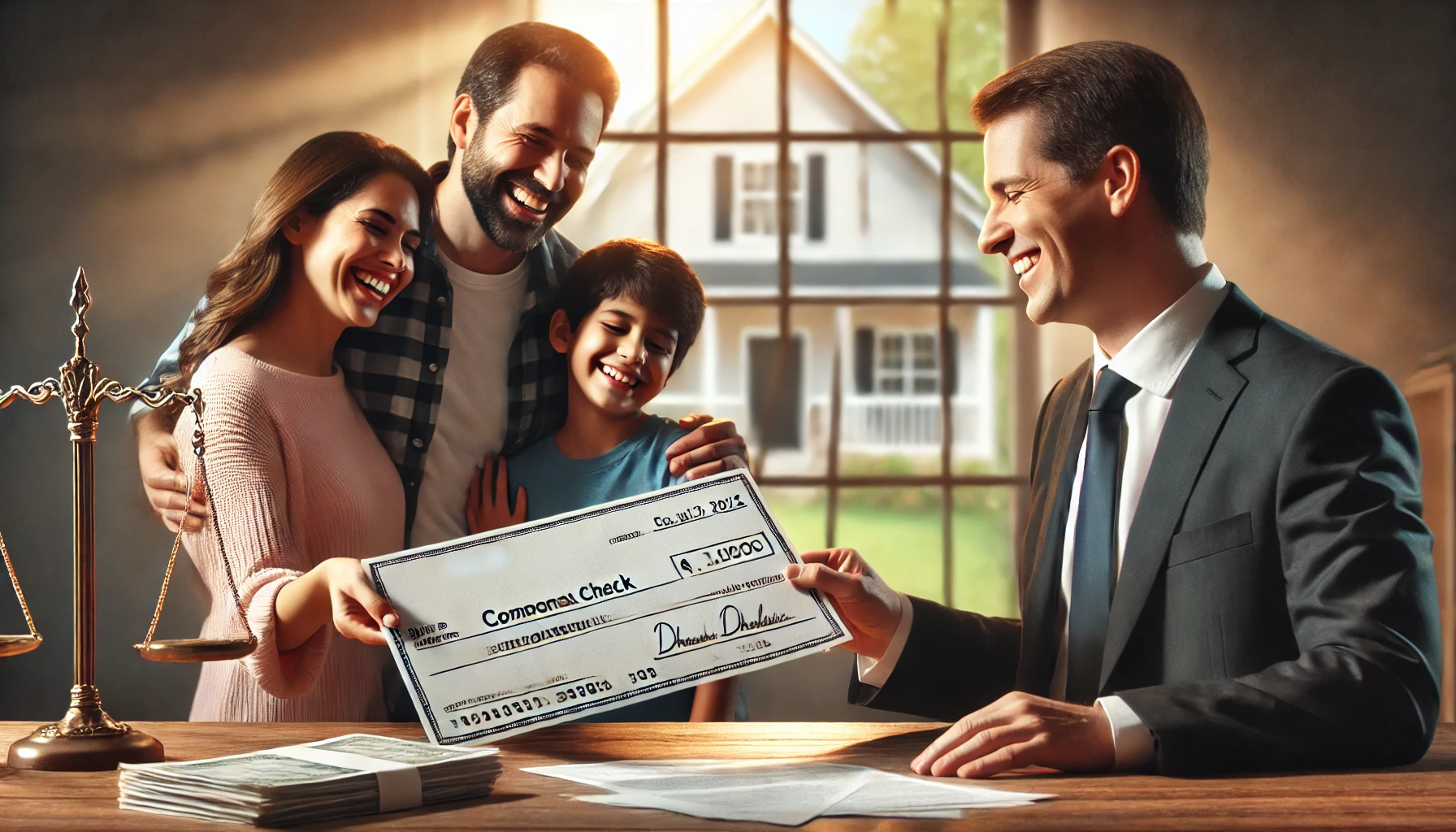 DALL·E 2025-04-22 19.57.06 - A photorealistic image in wide aspect ratio showing a joyful Hispanic family receiving a large compensation check from a lawyer. The lawyer, professio Lead poising attorney