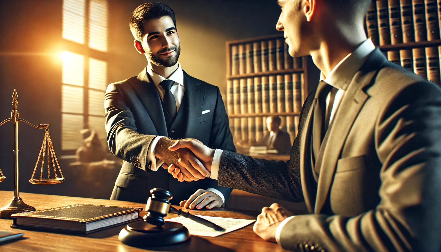 DALL·E 2025-04-23 07.04.44 - A photorealistic image in wide aspect ratio showing a confident Hispanic lawyer in a suit shaking hands with a relieved client. Alternatively, the cli Lead poising attorney